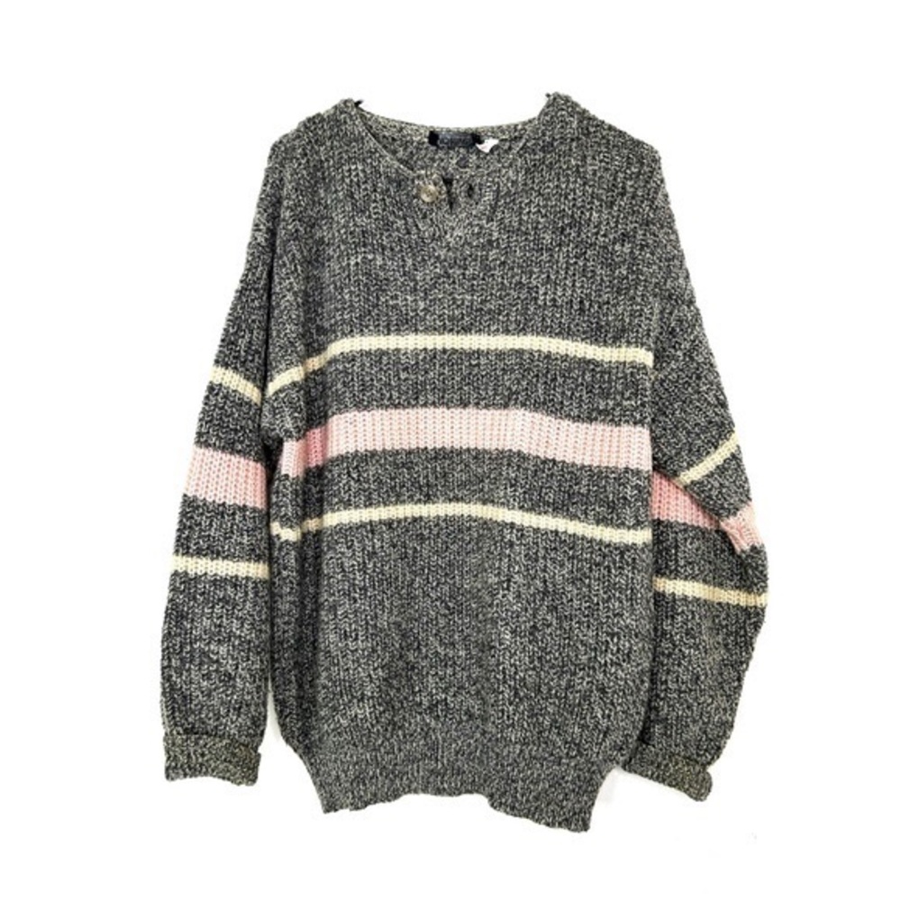 Vintage 80s Oversized Henley Pullover Sweater Salt & Pepper Grey Striped L/XL